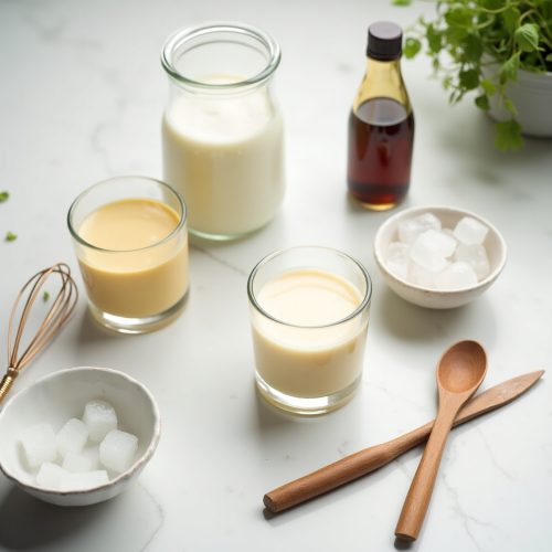 Flat lay of ingredients for Starbucks Vanilla Cold Foam 